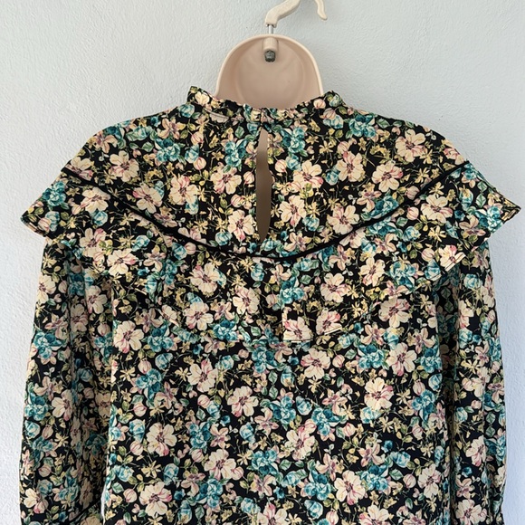 ZARA blue cream floral print long sleeve ruffle neckline shift dress size XS - Picture 10 of 13